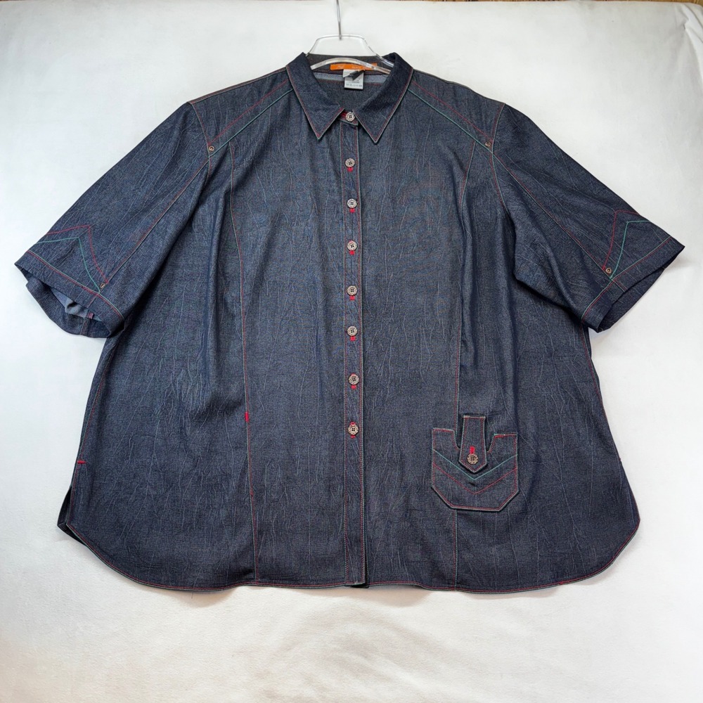 Alain Weiz Button Down Shirt Womens 24 Navy Blue Contrast Stitch Western Stretch